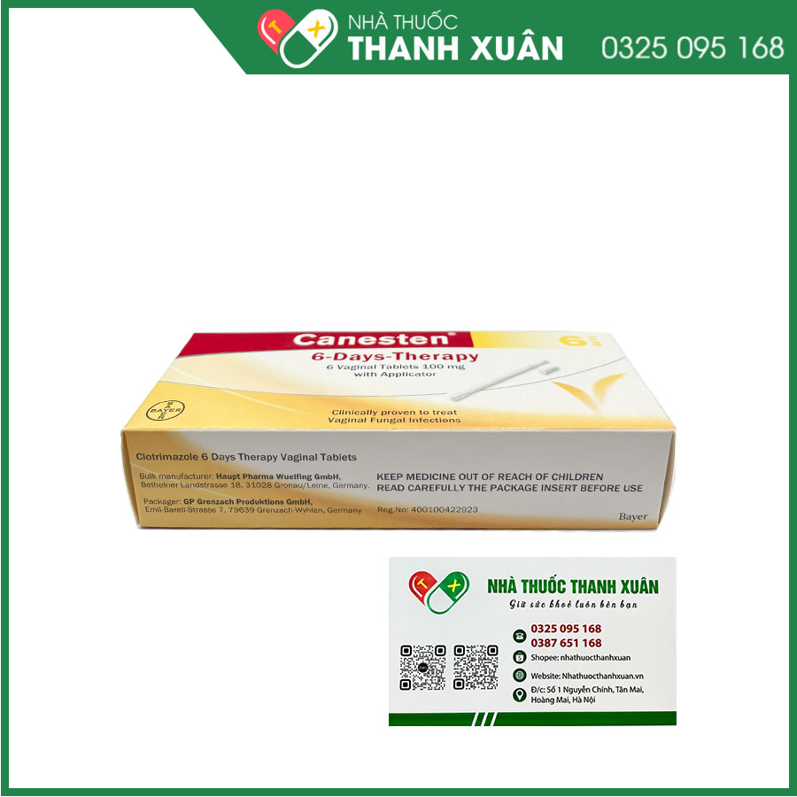 Canesten 6-Days-Therapy điều trị viêm âm đạo cho nấm, Trichomonas, bội nhiễm bởi các vi khuẩn nhạy cảm với clotrimazole